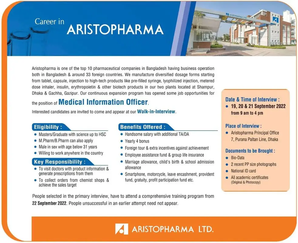 Aristopharma Ltd BD Job Circular 2022