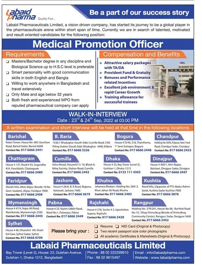 Labaid Pharmaceuticals Ltd BD Job Circular 2022