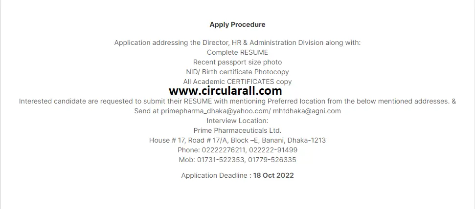 Prime Pharmaceuticals Ltd. BD Job Circular 2022