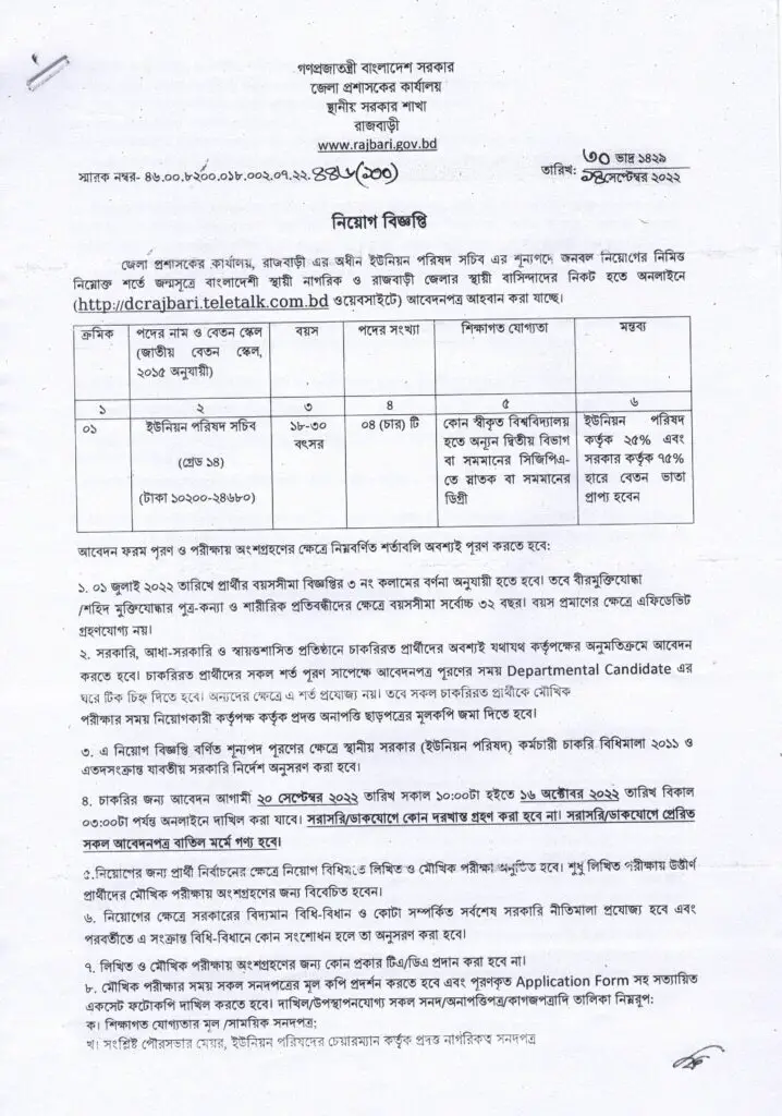 Rajbari DC Office BD Job Circular 2022
